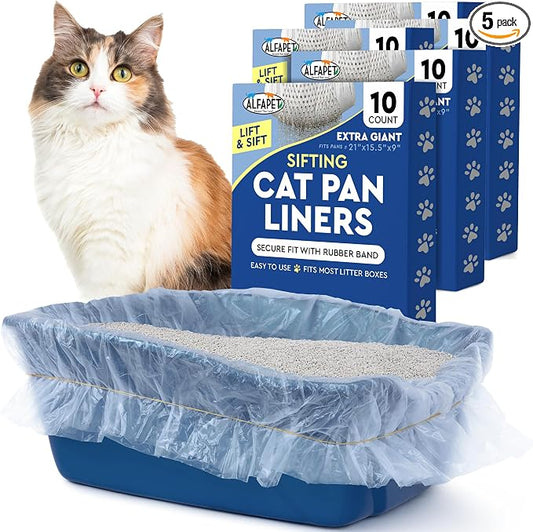 Cat Litter Box Sifting Liners Alfapet - Extra Giant 50 Count - Tear-Resistant Cat Litter Bags - Waterproof Kitty Litter Liners - Fits Almost All Litterbox Pan Sizes, 40" x 38", 30 lb Capacity