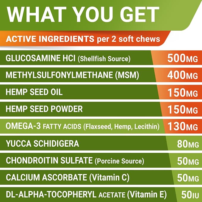 Large Breed Glucosamine Hemp Dog Joint Supplement - Hemp Chews for Dogs Hip Joint Pain Relief - Omega 3, Chondroitin, MSM - Advanced Mobility Hemp Oil Treats for Large Dogs - Made in USA - 360 Ct
