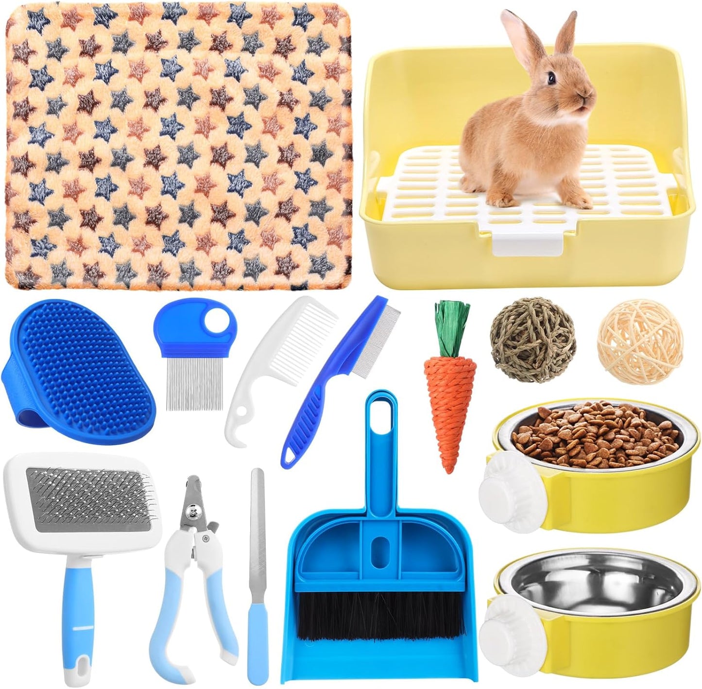 15 Pcs Rabbit Starter Kit Small Rabbit Litter Box Animal Grooming Kit Bunny Toys Bowl Blankets with Cleaning Set for Guinea Pig Accessories(Blue)
