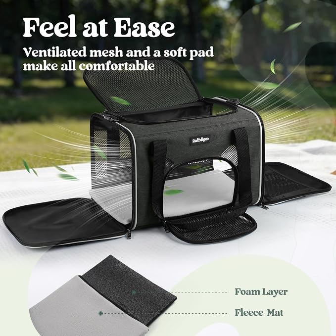 rabbitgoo Cat Carrier Soft Sided, Stable Portable Pet Carrier with Safety Buckles for Car Travel Vet Visit Airline, Comfortable Breathable Kitten Bag for Small Medium Large Cat, Black, 19x12x12 inch