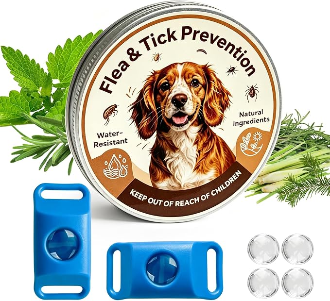 Natural Flea and Tick Prevention Pendant for Dogs Flea and Tick Collar, Waterproof Flea and Tick Repellent Dog Tag Safe for All Breeds & Sizes with 2 Silicone Buckles & 4 Refills, Collar NOT Included