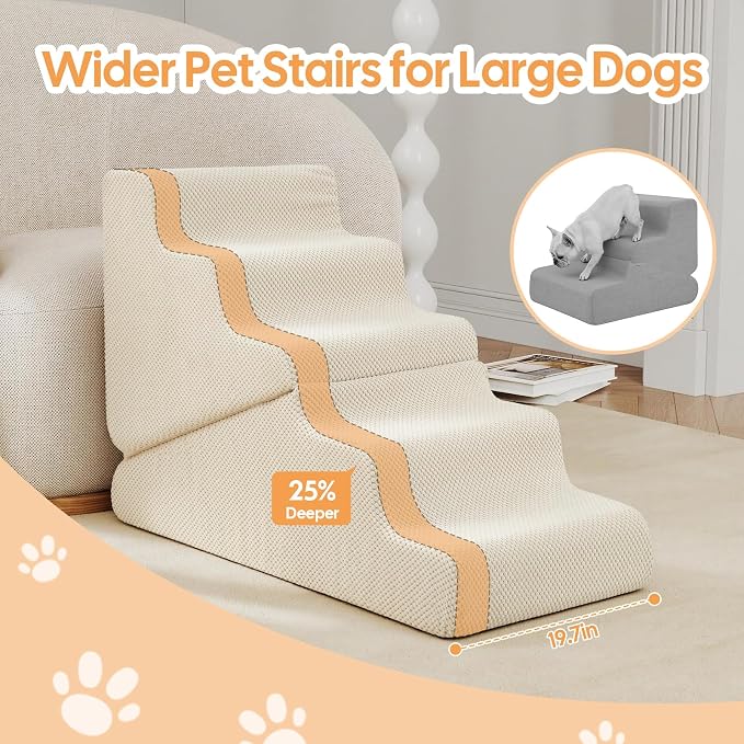 Dog Ramp for Bed, Extra Wide 20" Width Dog Stairs for High Bed, 2 in 1 Pet Steps for Small Dogs, 4-Step Foldable Transformable Large Cats Ramp to Get on Couch, Non-Slip Balanced, Beige