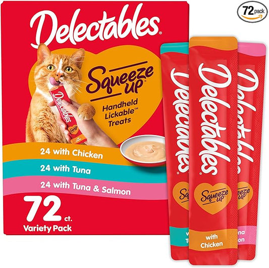 Delectables Squeeze Up Variety Pack, Creamy Squeezable Puree, Lickable Wet Cat Treats, Grain Free, No Added Fillers, No by-Products, No Added Preservatives, 0.5 Ounces Tube, 72 Tubes Total