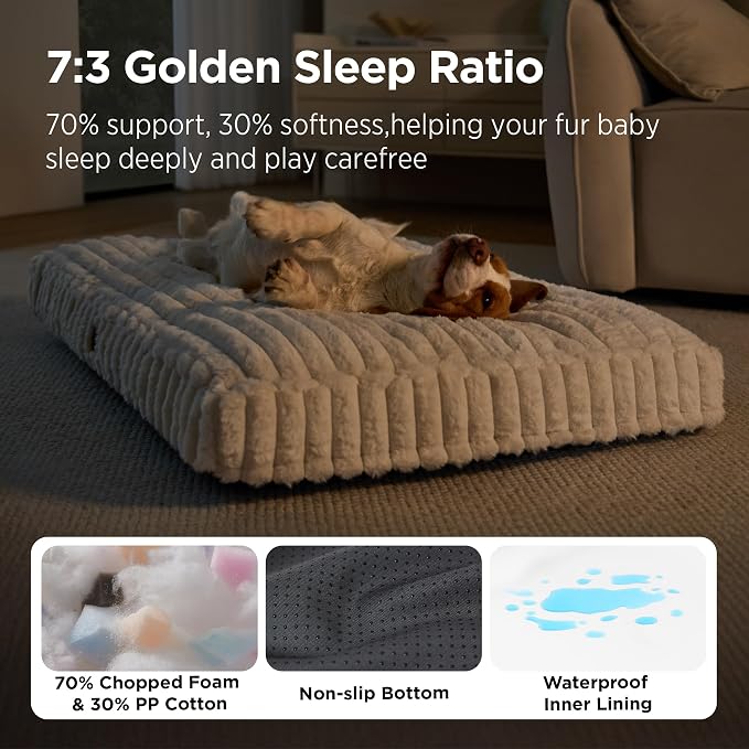 Bedsure ComfyFleece™ Plush Dog Bed Medium Size Dog, Dog Crate Bed for Balanced Support, Cute Chopped Foam Pillow Pad with Removable Washable Cover, Non-Slip Waterproof Cozy Pet Mat, 30"x 20", Cream