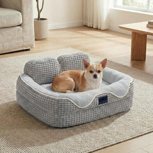 Veehoo Cute Small Dog Bed, Orthopedic Waterproof Pet Beds for Small Dogs, High Back Non-Slip Bottom and Egg-Crate Foam Puppy Couch Sofa with Washable Removable Cover Grey, 24"