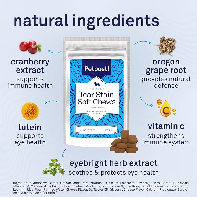 Petpost Tear Stain Remover Soft Chews for Dogs | 90 Count Cheese Flavor Dog Tear Stain Support Supplement | Gentle Eye Care for White Dogs & Light Breeds | Tylosin Free, Made in USA