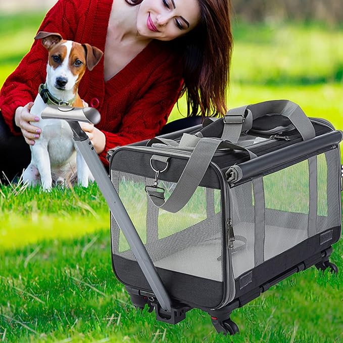 Pet Carrier with Wheels, Expandable Rolling Cat Dog Carrier for Medium and Small Dogs and Cats Pet Travel on Wheels with Upgraded and Telescopic Handle