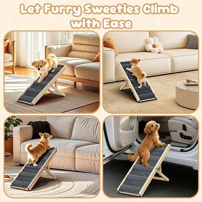 Pawaboo Foldable Dog Ramp, Small Dog Ramp for Couch, 4 Adjustable Height from 13'' to 21", Stable Pet Steps with Non-Slip Pad, Portable Pet Ramps Use for Couch Sofa Stairs, Wood