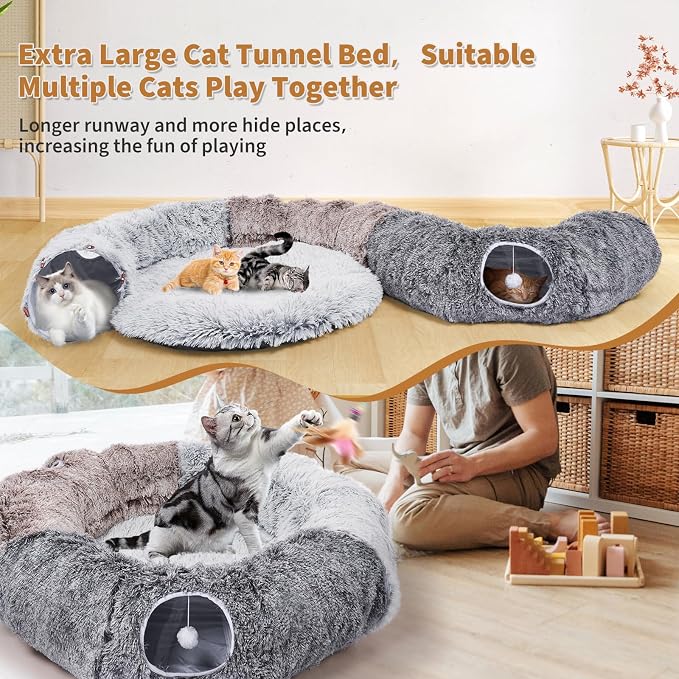Odoland Large Cats Tunnels for Indoor Cats Fluffy Warm Cat Bed and Detachable Cave Tunnels with 20 Pet Toys, Donut Tunnel and Variety Kitten Toy Set for Chewing Playing