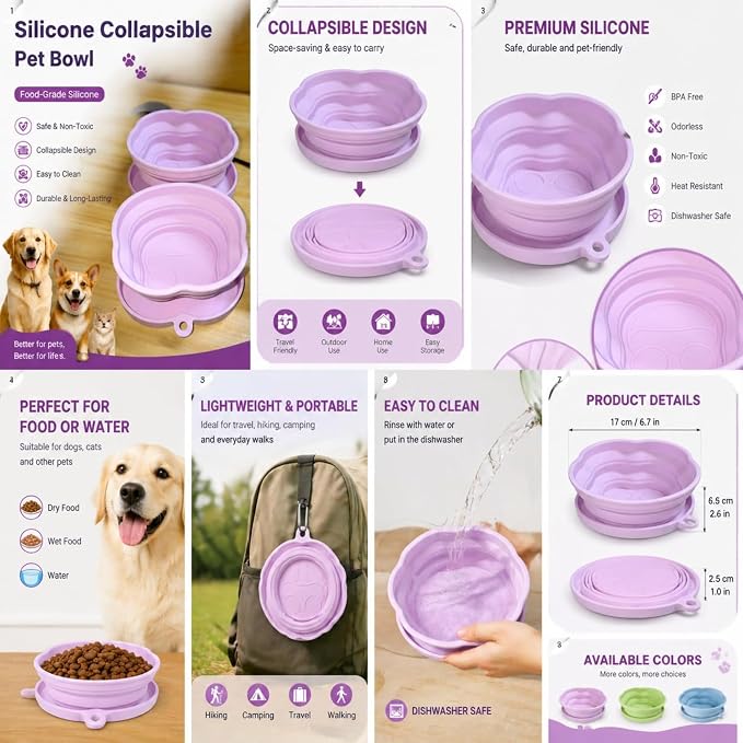 Portable Collapsible Dog Bowl, 2-in-1 Foldable Pet Feeding & Water Dish with Carabiner Lightweight Travel Bowl for Dogs & Cats, Perfect for Walking, Hiking, Camping (Pink)