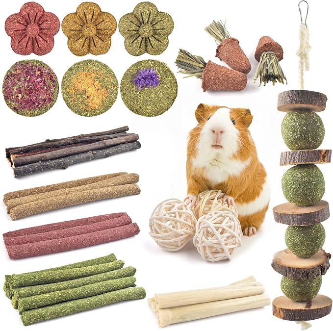 ERKOON 42PCS Rabbit Chew Toys, Natural Timothy Grass Cakes Guinea Pig Toys, Small Animal Teeth Grinding Treats for Bunny Hamster Chinchilla, Safe Dental Care Snacks