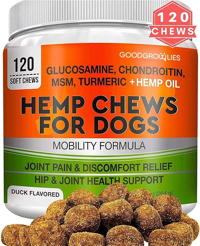 Hemp Hip & Joint Supplement for Dogs - 2 Jars Bacon + Duck Flavoring - Glucosamine, Chondroitin, MSM, Turmeric, Hemp Seed Oil & Hemp Protein for Joint Pain Relief & Mobility - 240 Chews Made in USA