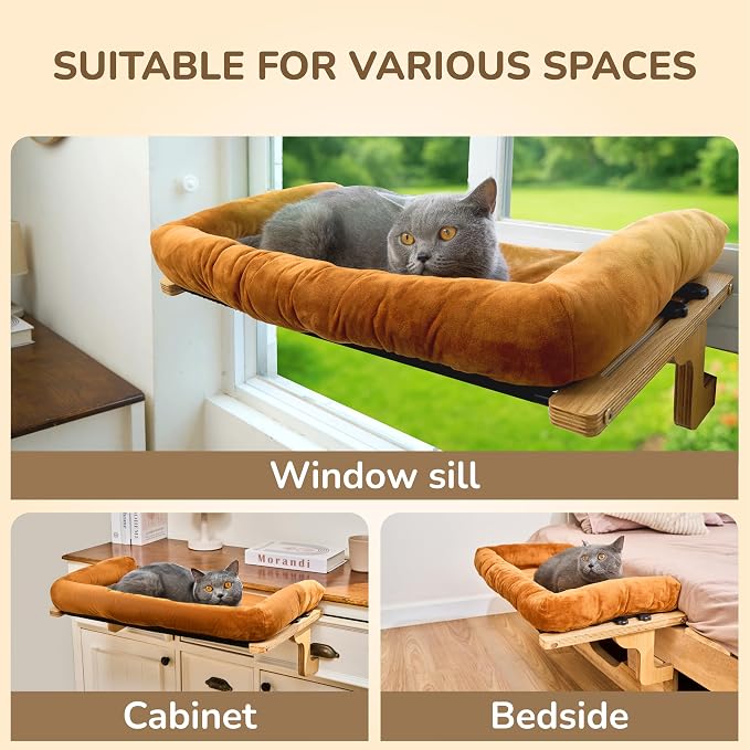 2 Pack Cat Window Perch with Cushion Bolster and Cool Pad, Cat Hammocks for Windows with Wood & Robust Metal Frame for Large Cats (Natural & Walnut Wood with Brown & Gray Cushion, 24" W)