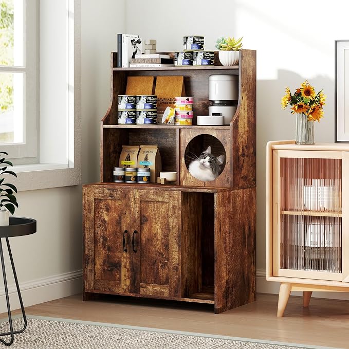 PETSITE Industrial Cat Litter Box Enclosure with Storage Shelves, 2-in-1 Wooden Hidden Litter Box Furniture with 3-Tier Open Shelf, 51-Inch Tall, Rustic Brown