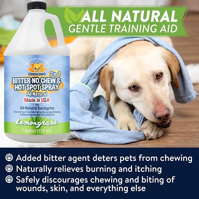Bodhi Dog Bitter 2-in-1 No Chew & Hot Spot Spray - Natural Anti-Chew Remedy Better Than Bitter Apple - Soothes Hot Spots, Deters Chewing - Safe for Skin, Wounds & Furniture- Made in USA (128 Fl Oz)