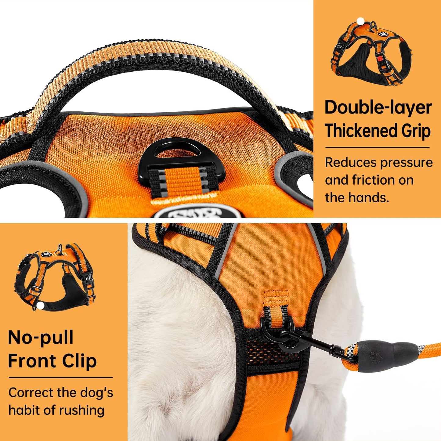 IVY&LANE No Pull Dog Harness for Large Dogs, Dog Vest Harness with Leash, Safety Belt and Storage Strap, Fully Adjustable Harness, 360° Reflective Strip, Soft Handle (Orange,X-Large)