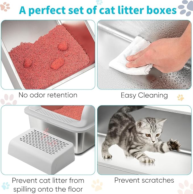 2PACK Stainless Steel Litter Boxes with Lid High Sides&Step, XXL Extra Large Metal Litter Boxes for Small&Elderly Cats, Friendly Cat Joints, Odor Free Litter Pan, Leak-Proo, Easy to Clean, Non-Sticky
