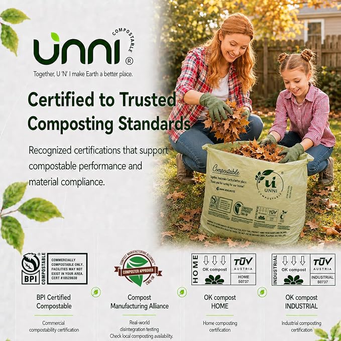 UNNI Compostable Lawn & Leaf Bags, 30-33 Gallon / 124 Liter, 20 Count, Extra Thick 1.1 mil Yard Waste & Food Scrap Liners, Certified by BPI, CMA & OK compost HOME, Meets the ASTM D6400 Standard
