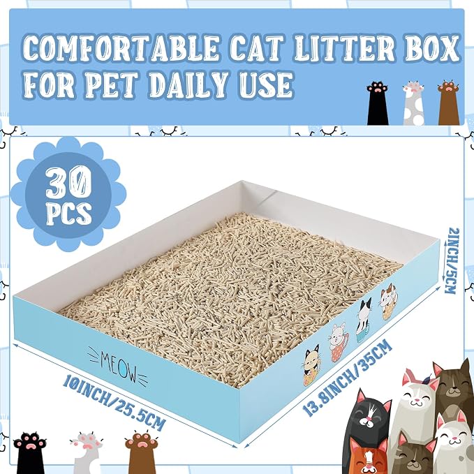 Roshtia 30 Pcs Disposable Cat Litter Box Foldable Paper Kitty Tray 13.8 x 10 x 2 Inch Portable Kitten Pan Low Entry Lightweight Cardboard(Meow,Blue)