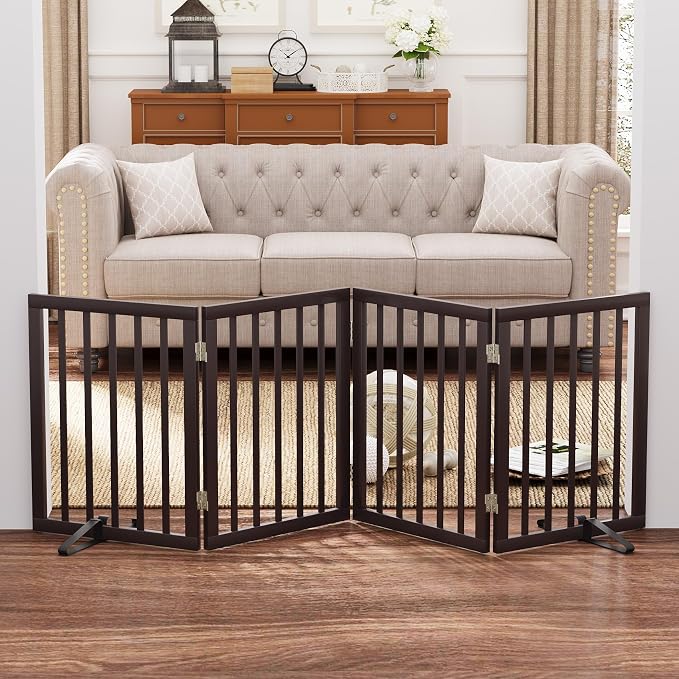 Freestanding Dog Gate Folding Brown Dog Gates for the House Doorways Stairs Pet Gates for Dogs, Doogie Puppy Fence Gate