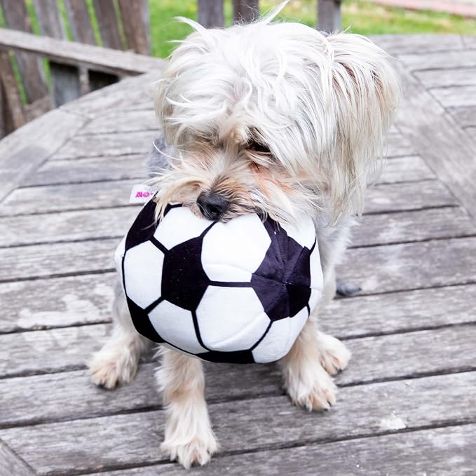 Glow Pups Plush Soccer Ball Dog Toy with Squeaker, Black and White