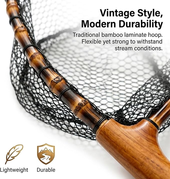 Floating Handcrafted Bamboo Fly Fishing Landing Net, Solid Wood Handle, Soft Rubber Coated Mesh for Trout, Kayak & Stream Fishing, Includes Magnetic Release & Safety Lanyard