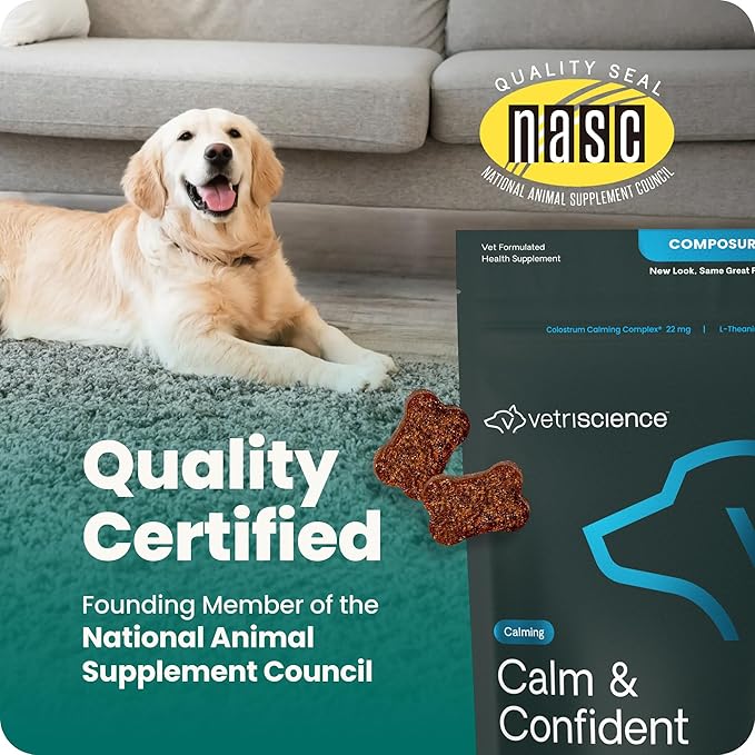 VetriScience Clinically Tested Composure Calm & Confident Chews for Dogs – Helps Manage Occasional Stress & Supports Balanced Behavior, Non-Drowsy Soft Chews with L-Theanine, Peanut Butter, 60 Count