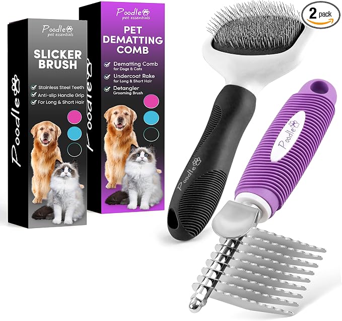 Poodle Pet Bundle - Dematting Fur Rake Comb Brush Tool with Steel Safety Blades for Detangling Matted or Knotted Undercoat Hair and Slicker Brush for Small and Large Dogs Pet Hair Remover