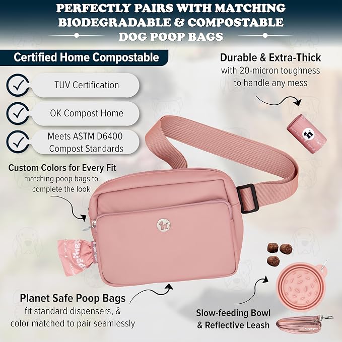 Puppington 3-in-1 Crossbody & Dog Treat Pouch for Pet Training - Matching Compostable Poop Bags, Built-In Poop Bag Dispenser & Slow-Feeding Travel Dog Bowl - Dog Walking Bag (Blush Pink)