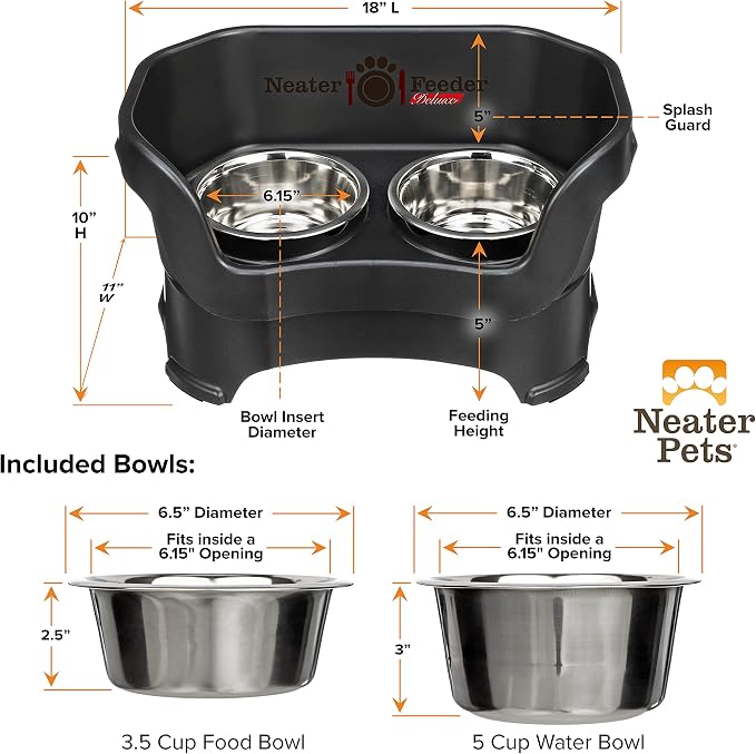 Neater Pets Neater Feeder Deluxe Mess-Proof Slow Feed Bowl & Water Bowl with Neater Mat Waterproof Silicone Mat - Protect Floors from Food & Water, Midnight Black