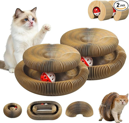 2PCS Magic Organ Cat Scratcher, Foldable Reversible Accordion Cat Toy with Bell Balls, Interactive Scratch Pad Board for Indoor Cats Playing, Cardboard Recyclable Kitty Toy