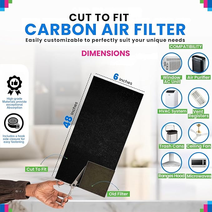 Cut to Fit Activated Carbon Filter Sheet 6” x 48” - Activated Carbon Air Filter for Air Purifiers Window AC Air Vent And More - Charcoal Filters Effectively Absorb Odors & Freshens the Air (2-Pack)