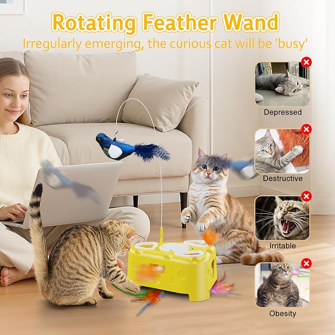 Automatic Cheese-Shaped Interactive Cat Toy – Flying Bird, 6-Hole Mole & Rotating Feather | USB Rechargeable Electronic Feather Toy for Indoor Adult Cats & Kittens, Relieves Boredom