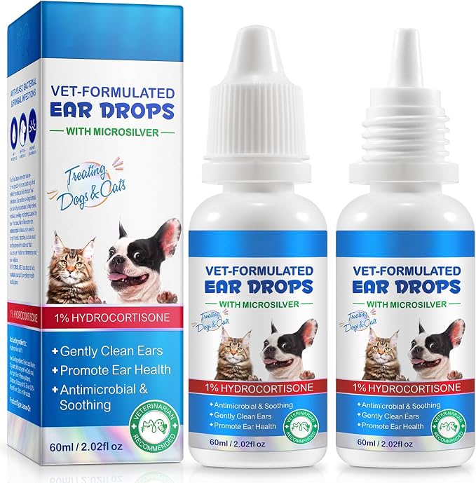 2Pcs Ear Drops for Dogs&Cats, Dog Ear Infection Treatment Drops with 1% Hydrocortisone for Dog Yeast Ear Infections, Soothes Itchy Ears, Prevents Infections, Safe for Puppies, Adult Dogs & Cats 2.02fl