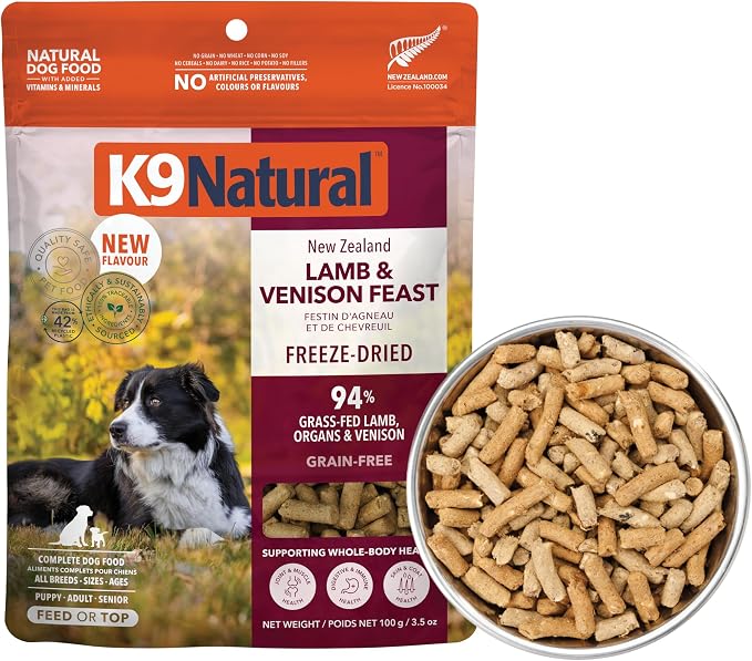 K9 Natural Lamb and Venison Freeze Dried Dog Food, High-Meat and Natural Complete Meal or Meal Toppers for Dogs, Grass-Fed Lamb and Venison from New Zealand, Grain-Free, GMO-Free, 3.5 Ounces