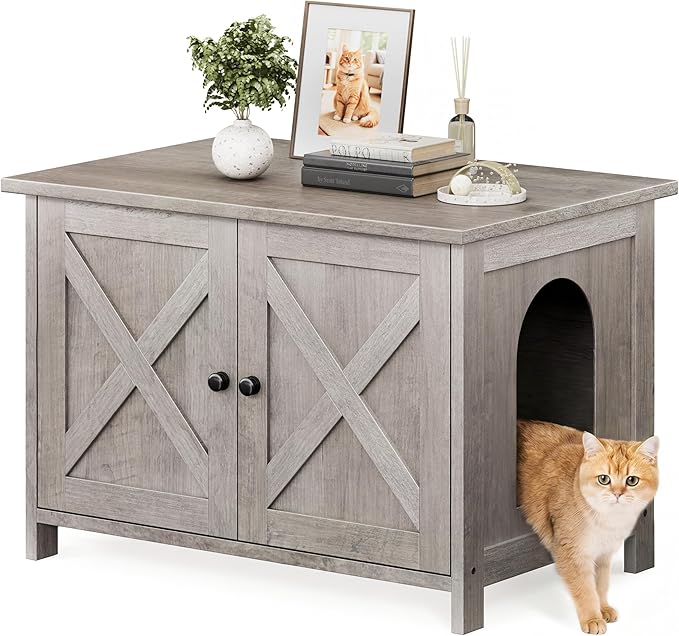 Shintenchi Cat Litter Box Enclosure, Litter Box Furniture Cabinet Hidden with Removable Divider, Wooden Cat House with End Table, Grey, 30.5 inch