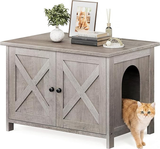 Shintenchi Cat Litter Box Enclosure, Litter Box Furniture Cabinet Hidden with Removable Divider, Wooden Cat House with End Table, Grey, 30.5 inch