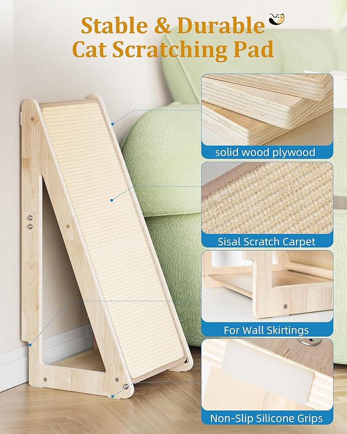 Aechonow 26.4'' Sisal Cat Scratcher Ramp for Indoor Cats, Vertical Scratching Pad for Large Cats, Wooden Cat Furniture