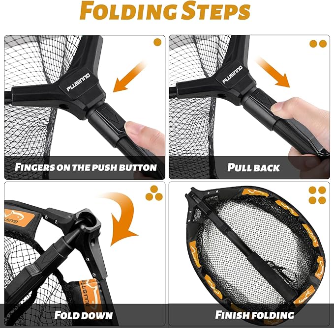 PLUSINNO Fishing Net Fish Floating Landing Net, Kayak Nets with Fixed Foldable Telescopic Pole Handle, Bass Trout Fishing Nets with Nylon Mesh for Pond Lake River, Fishing Gear Gifts for Men Anglers