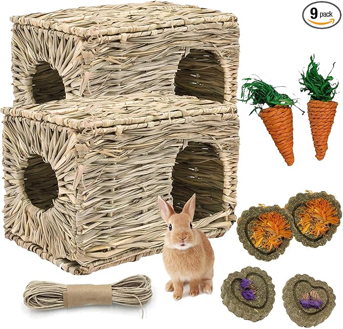 kathson 2 Pcs Rabbit Grass House Natural Foldable Hand Woven Seagrass Bed Carrot Hay Toy Hut Safe Comfortable Playhouse with 6 PCS Bunny Chew Toys for Bunny Hamster Guinea Pig Chinchilla Ferret
