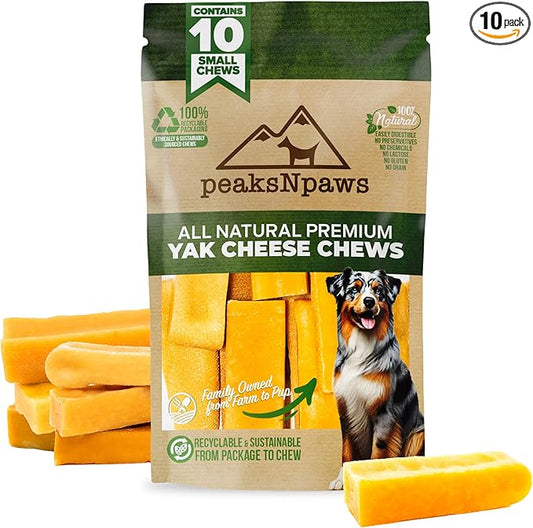 peaksNpaws Himalayan Dog Chews, High Protein Yak Cheese, Lactose Free, Natural Pet Treat, Long Lasting Chew Stick for Aggressive Chewers Under 15 lbs, 10 Small Sticks, 100% Eco-Friendly Packaging