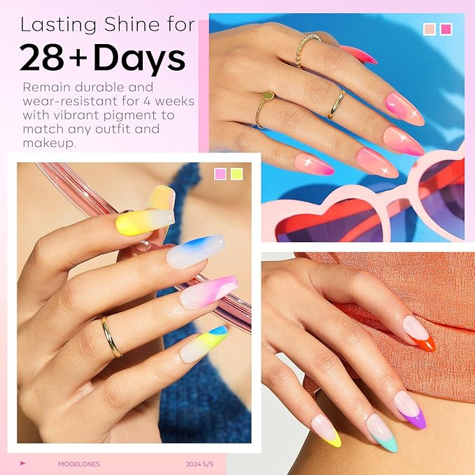 Modelones 32 PCS Gel Nail Polish Set, 28 Colors 2026 Summer LGBT Bright Neon Yellow Pink Blue White Gel Polish with No Wipe Base Coat, Glitter & Glossy & Matte Top Coat LED Nail Art Kit Salon DIY Gift