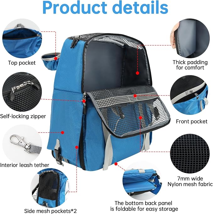 Cat Dog Backpack Carrier for Hiking Travel Portable Pet Daypack for Dog Cat Below 7kg/15.5lbs-Blue
