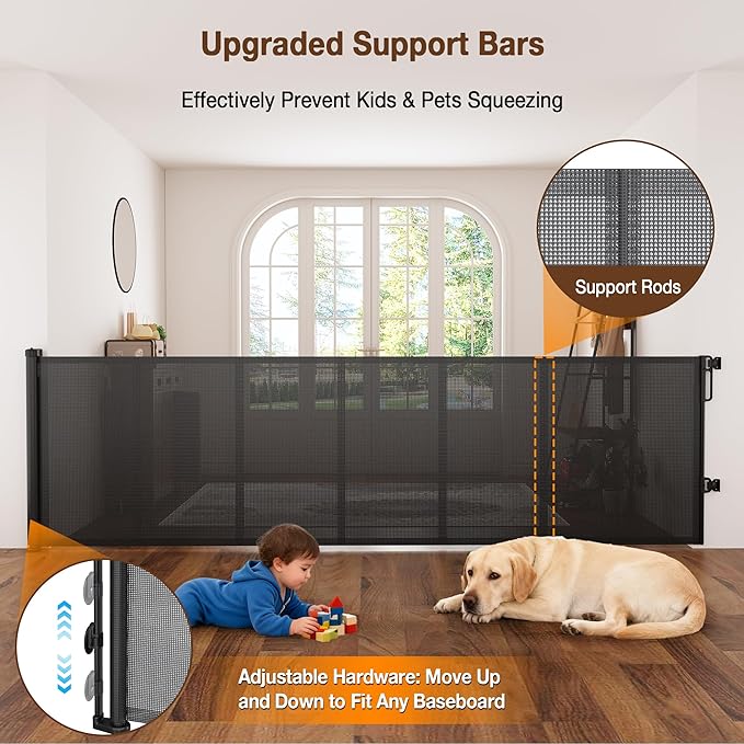 Upgraded 59'' Wide Retractable Baby Gates for Stairs with Reinforced Strip, Mesh Saftey Gate for Pets, Prevent Crawling Dog Gate fot Doorways, No Drilling, Indoor & Outdoor Use, 34'' Tall, Black