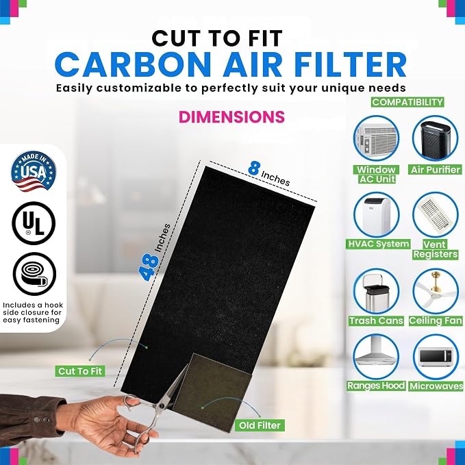 Cut to Fit Activated Carbon Filter Sheet 8” x 48” (2-Pack) | Activated Carbon Air Filter for Air Purifiers Window AC Air Vent And More - Charcoal Filters Absorb Odors