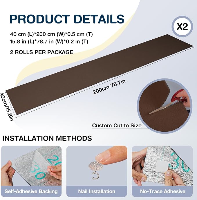 157.5" x 15.8" Cat Scratch Furniture Protector, Self-Adhesive Couch Protector from Cat Claws, Cats Scratching Mat for Couch, Sofa, Wall & Door, DIY Cat Scratch Pads Replacement, 2 Pack (Brown)