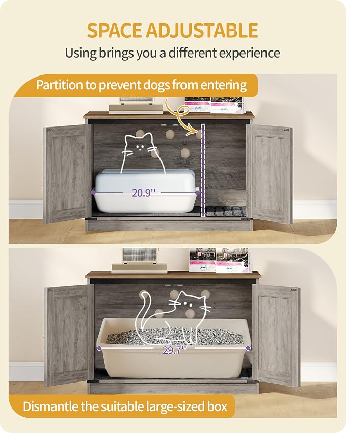 Hzuaneri Cat Litter Box Enclosure with Cushion, Hidden Litter Box Furniture with Removable Dividers, Reversible Entrance Left or Right Side, Cat House, Greige CB84605X