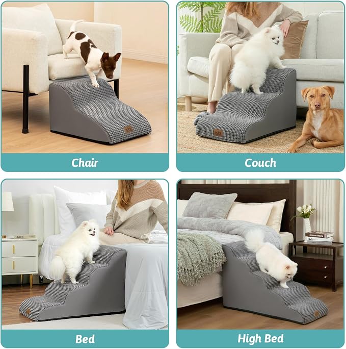 COZY KISS Dog Stairs for Small Dogs 15.7" H, Curved Dog Step for Puppy, Older Cat, Medium Pet Ramp for Sofa, Couch or Chair, Ladder with High Density Foam, 3 Step, 15.7x22.4x15.7 inch, Dark Grey
