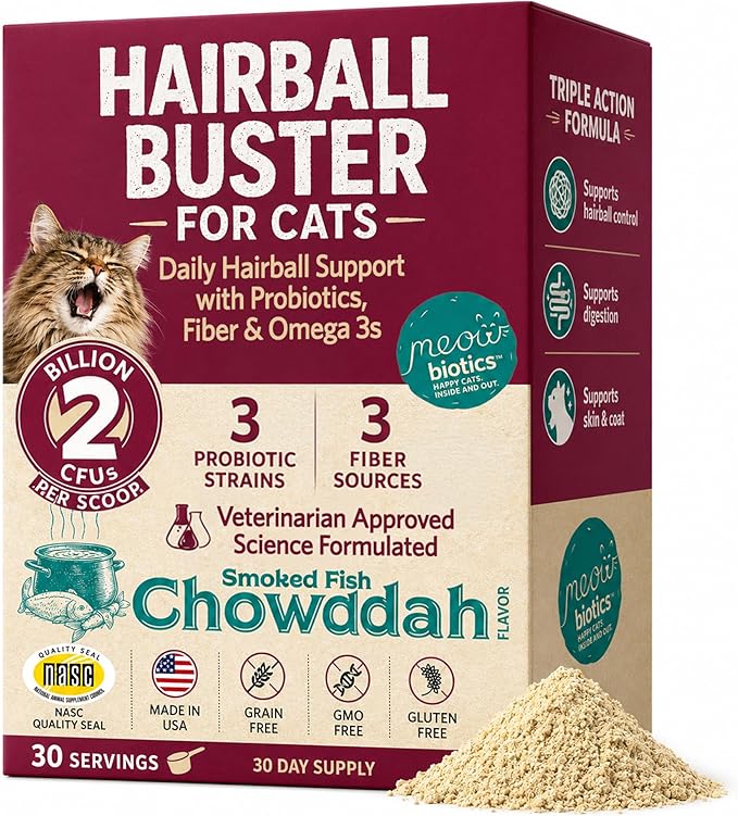Hairball Buster Powder for Cats, Cat Hairball Treatment with Probiotics, Fiber & Omega 3, Digestive Support, Smoked Fish Flavor, 2 Billion CFU, 30 Servings