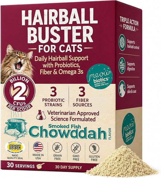Hairball Buster Powder for Cats, Cat Hairball Treatment with Probiotics, Fiber & Omega 3, Digestive Support, Smoked Fish Flavor, 2 Billion CFU, 30 Servings